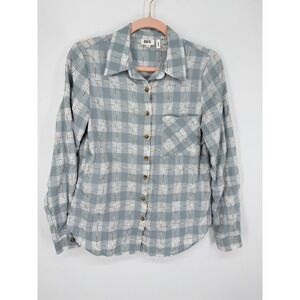 BKE Button Down Shirt Women Small Blue Plaid Metallic Eased Long Sleeve Top